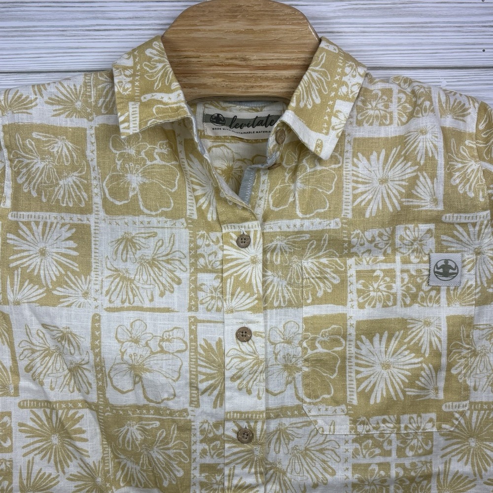 Levitate Women's Button Up Shirt Womens Size M Yellow White Organic Cotton/Hemp